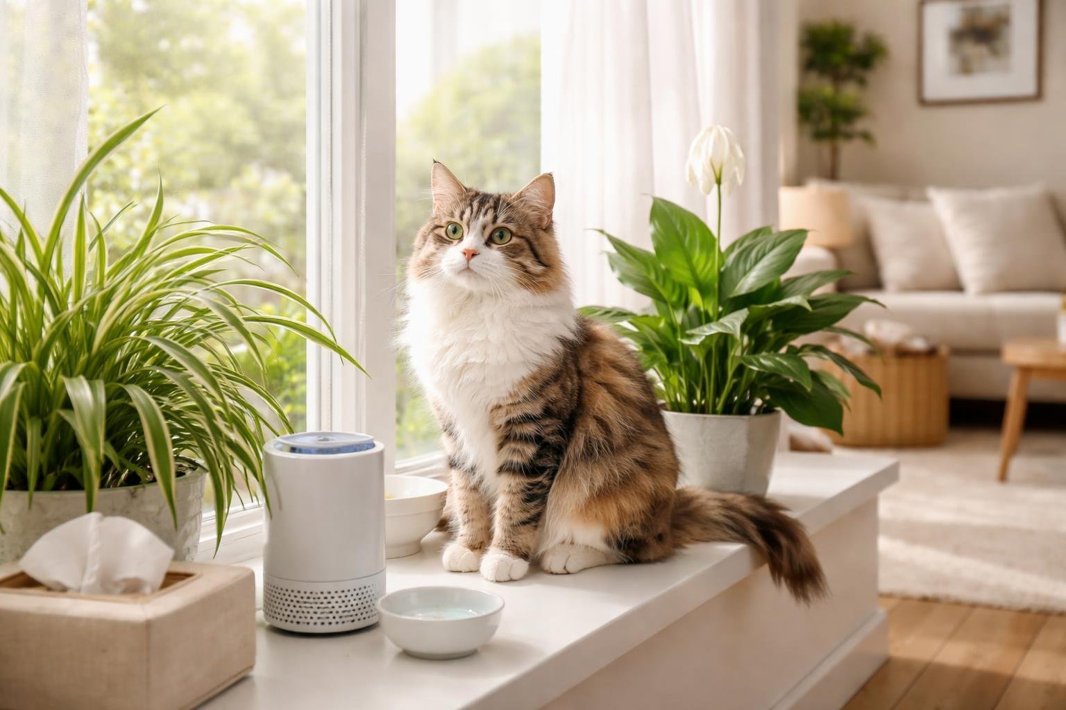 A fluffy cat sitting on a windowsill surrounded by green plants in a tidy living room.