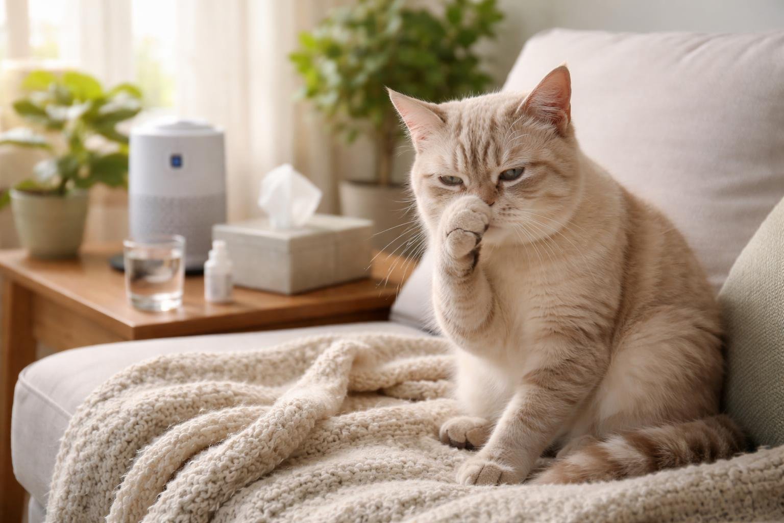 A cat sitting on a couch near a window, showing signs of seasonal allergies with watery eyes and pawing at its nose in a cozy living room.