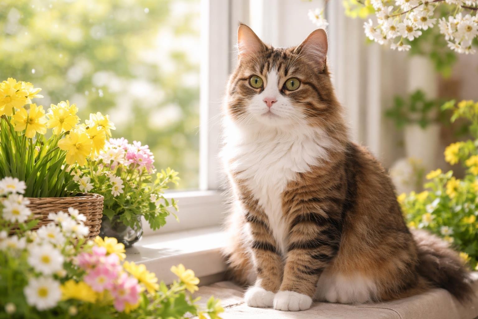 A domestic cat sitting on a windowsill surrounded by spring flowers and greenery inside a bright home.