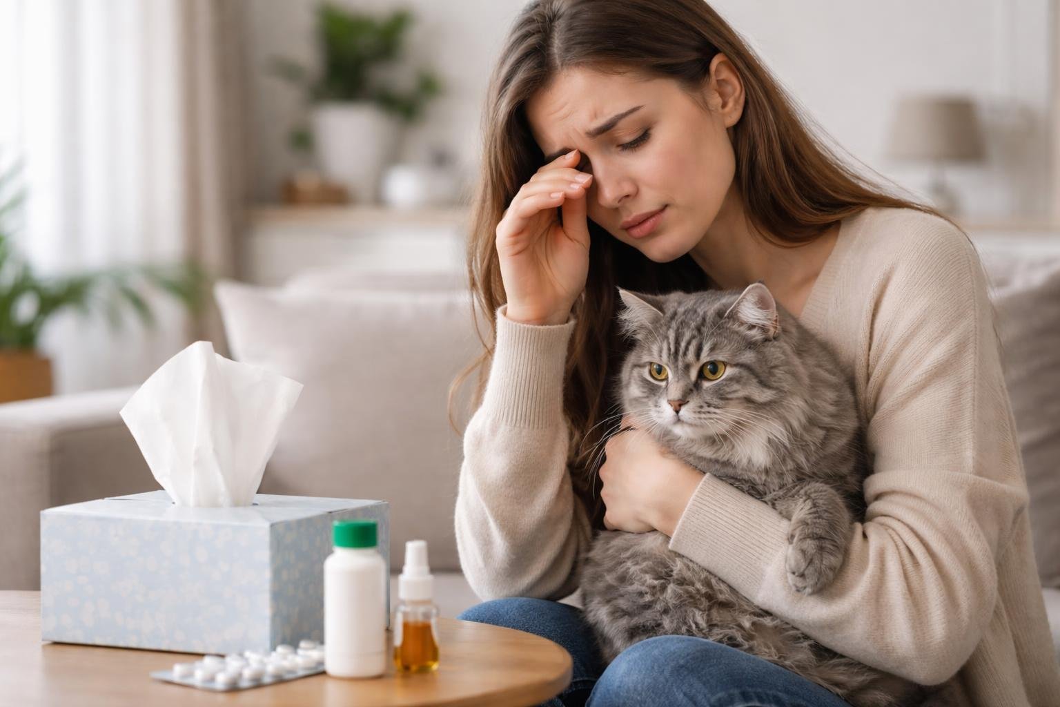 A woman holding a gray cat indoors, rubbing her eyes and looking uncomfortable, with tissues and allergy medicine on a table nearby.