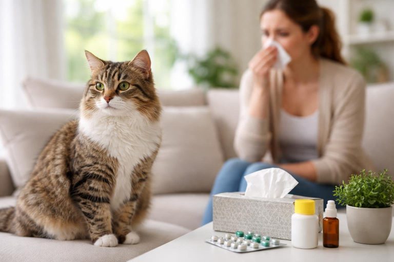 A woman touching her nose near a domestic cat sitting on a couch in a bright living room with allergy-related items on a table nearby.