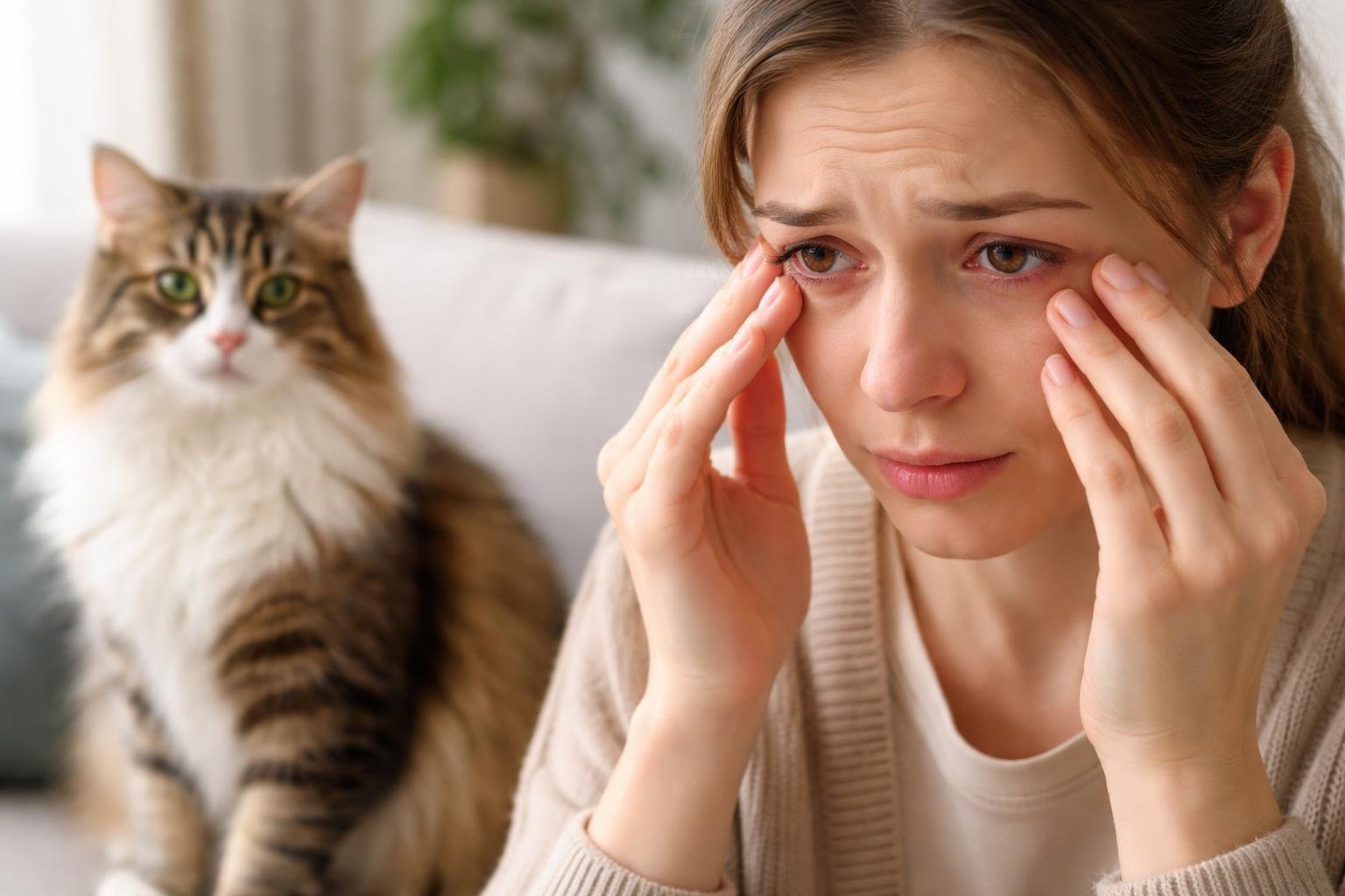 A person touching their red, watery eyes while a cat sits nearby on a couch in a living room.