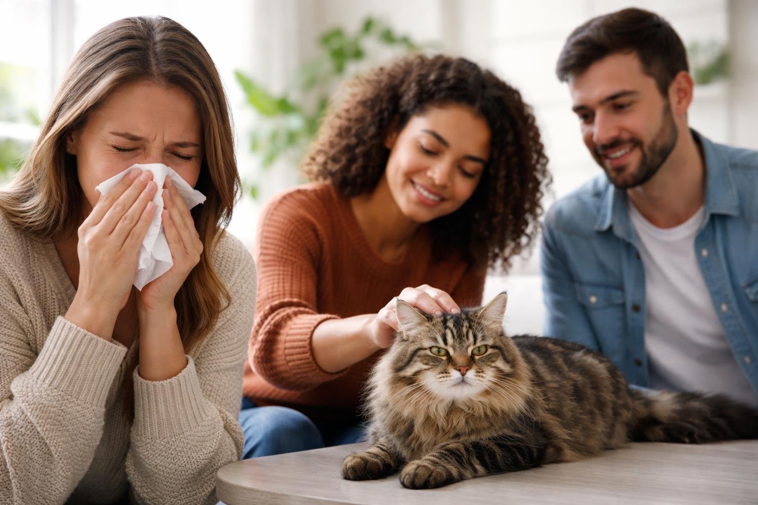 People interacting with a cat indoors, one person showing signs of allergy such as sneezing and watery eyes.