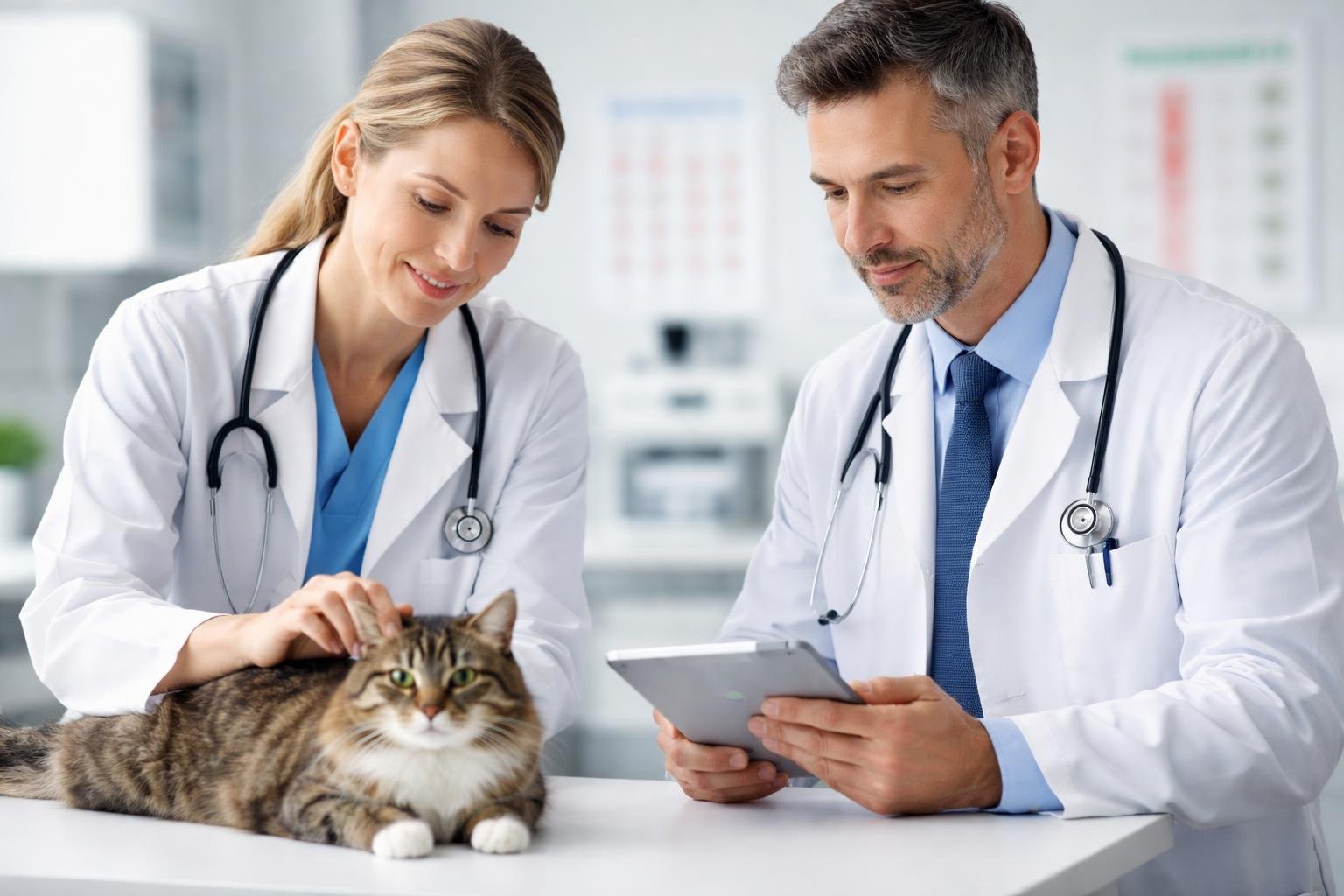 A veterinarian examines a calm cat while a doctor reviews allergy test results on a tablet in a clinical setting.