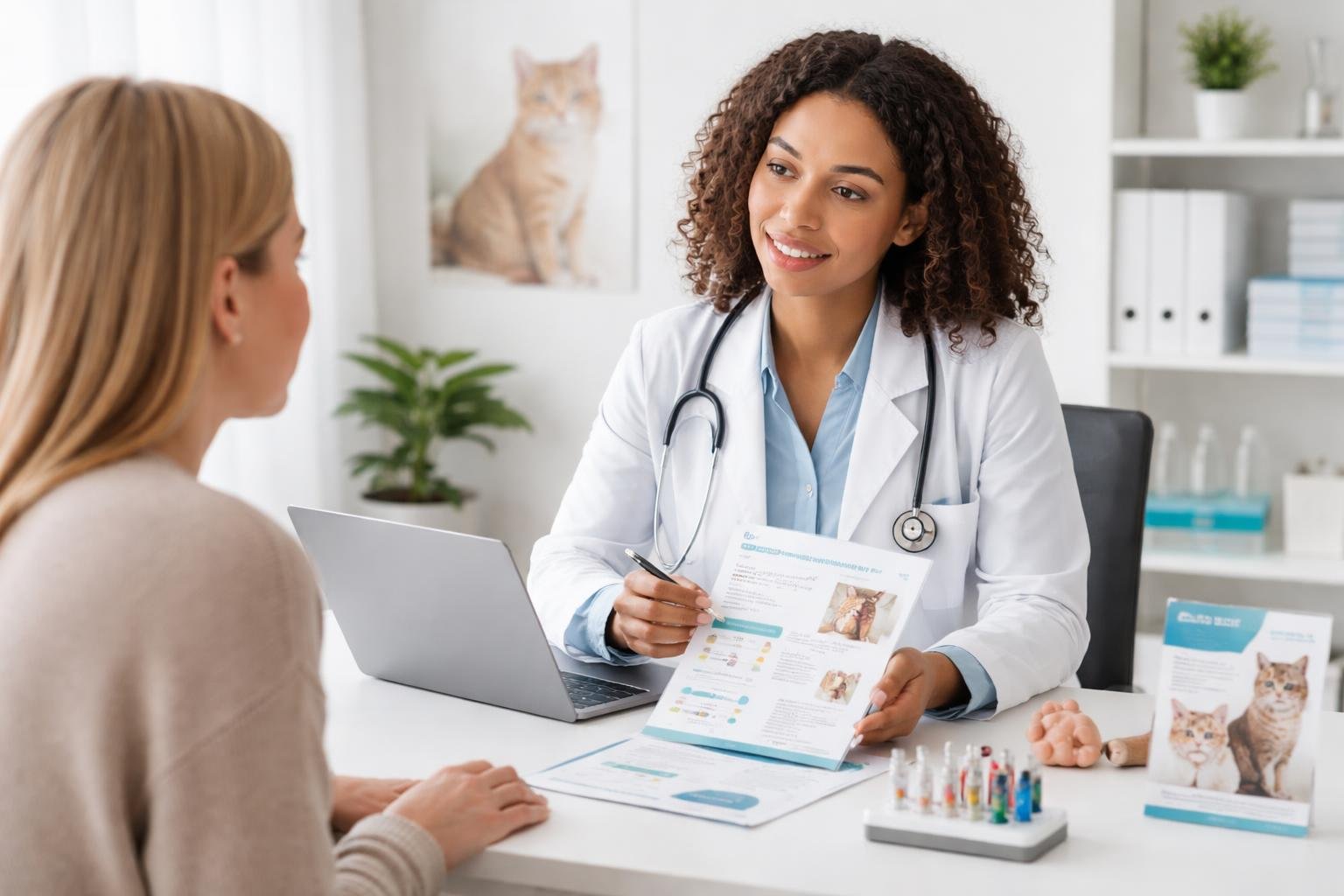 Doctor consulting with a patient about cat allergies in a medical office with allergy test kits and a cat image on the wall.