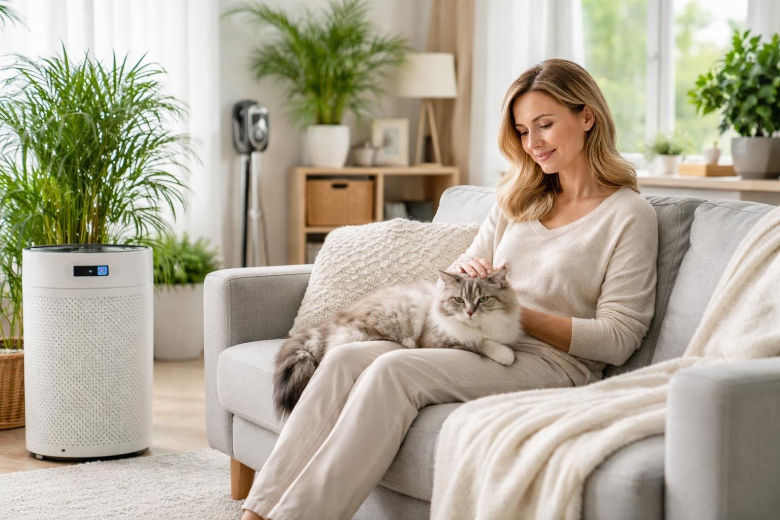 A woman gently petting a hypoallergenic cat in a clean living room with air purifiers and plants, illustrating allergy prevention and long-term care.