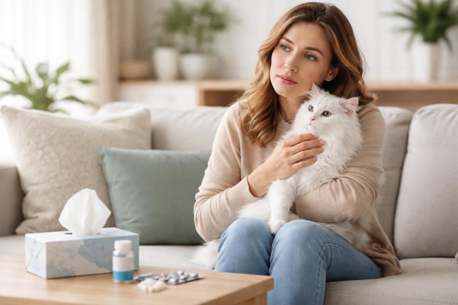 A woman holding a white cat in a bright living room with tissues and allergy medicine on a table nearby.
