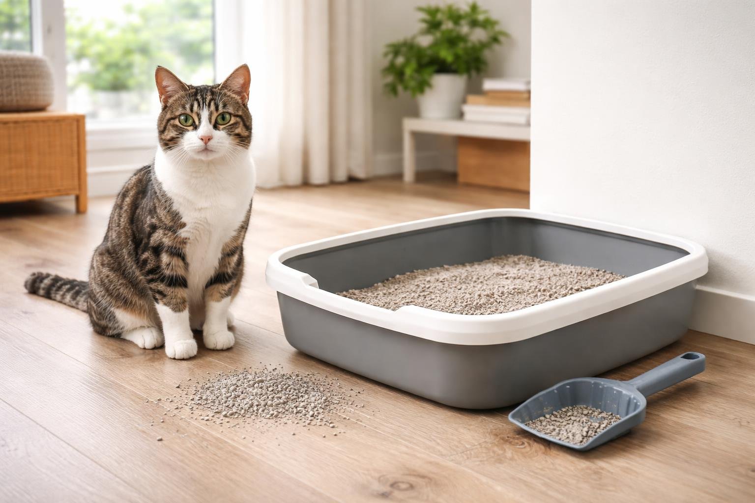 A domestic cat near a clean litter box in a tidy home with some scattered litter and a scoop nearby.