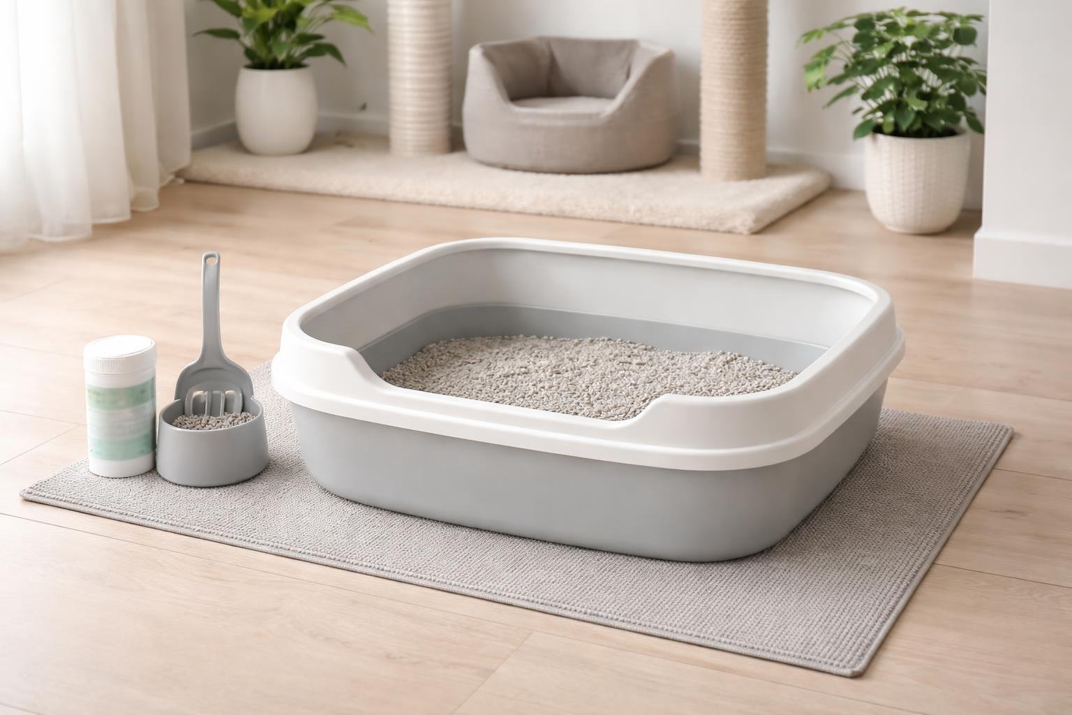 A clean cat litter box setup in a cozy corner with a scoop, litter deodorizer, and a mat underneath, surrounded by a cat bed, scratching post, and plants.