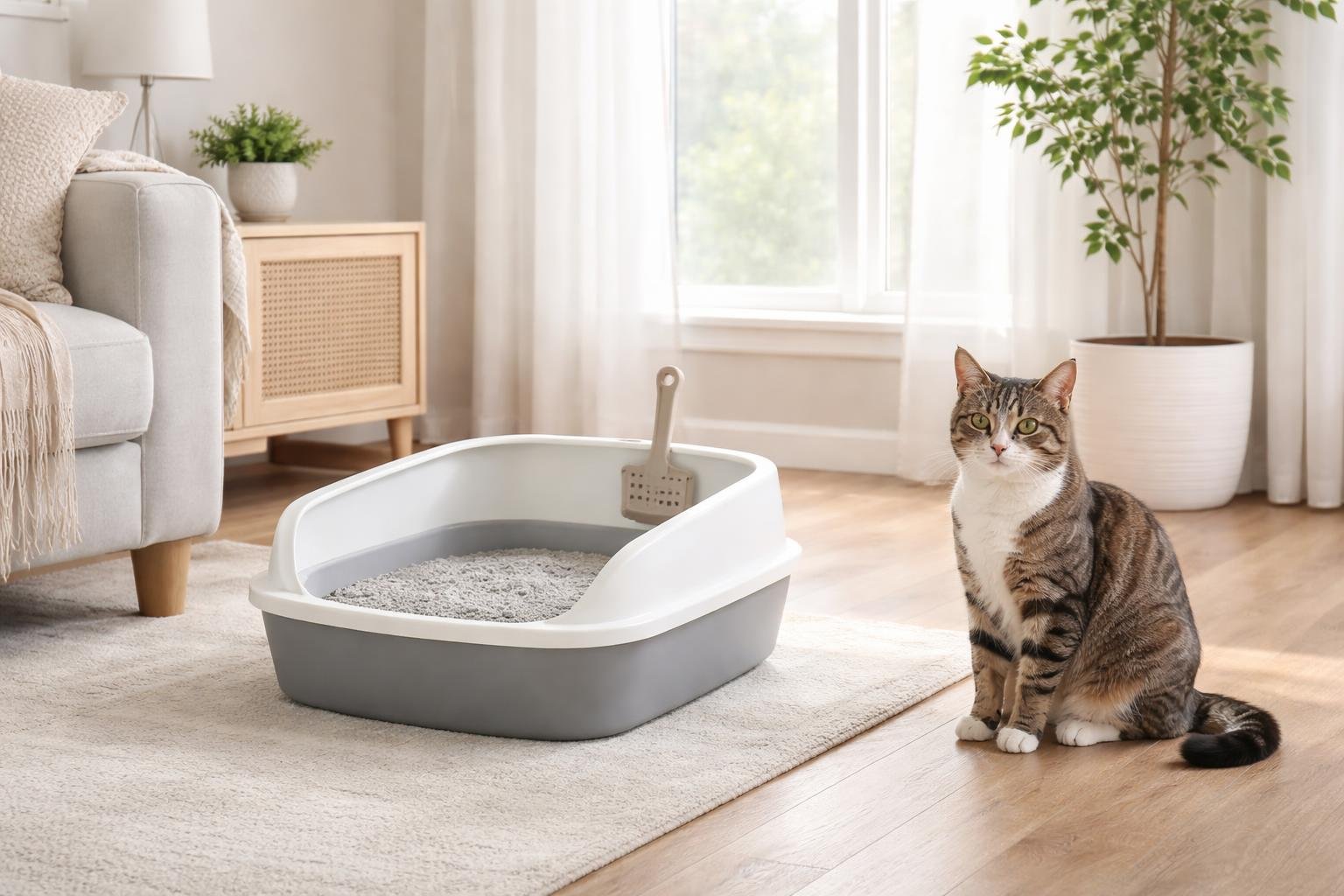 A domestic cat sitting near a clean cat litter box in a bright, tidy living room corner.