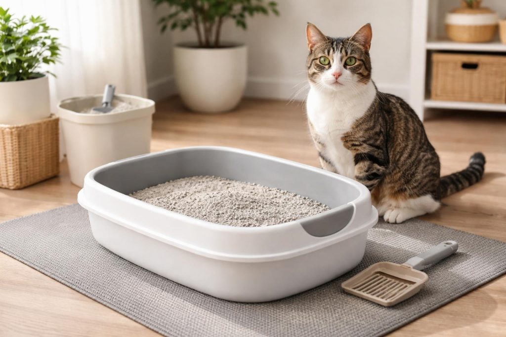 A domestic cat near a clean litter box with fresh cat litter in a tidy home setting.