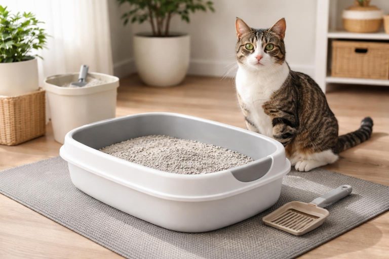 A domestic cat near a clean litter box with fresh cat litter in a tidy home setting.