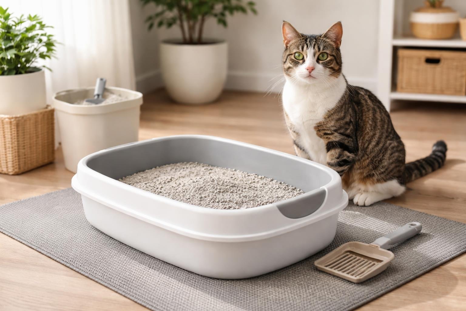 A domestic cat near a clean litter box with fresh cat litter in a tidy home setting.