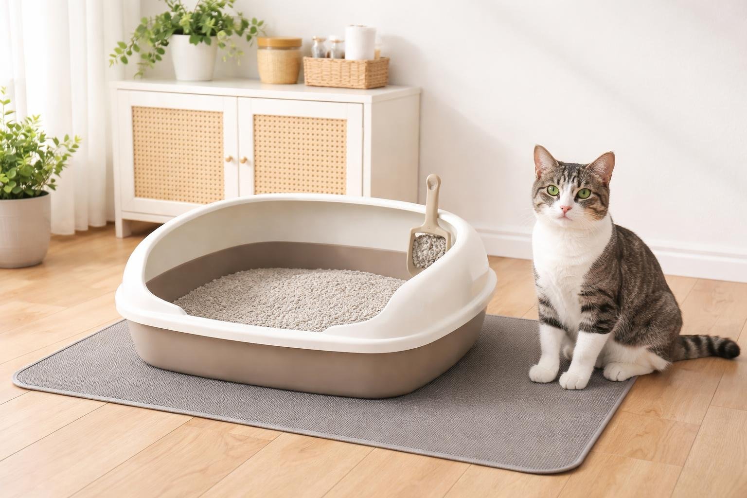 A clean cat litter box area with a happy cat sitting nearby in a tidy indoor space.