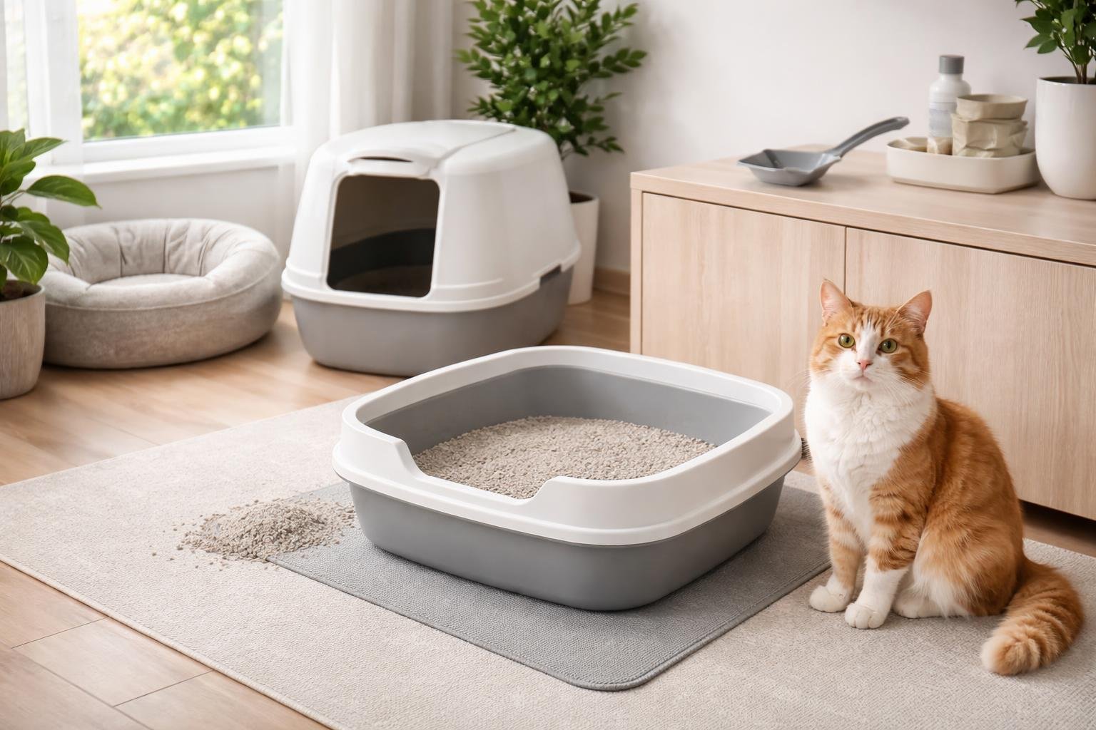A happy cat sitting next to a clean litter box in a bright, tidy home environment with scattered litter and a scoop nearby.