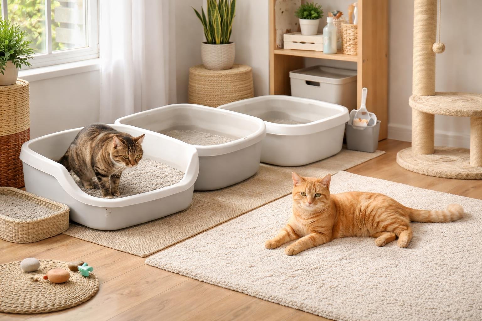 Two cats peacefully using a clean litter box area in a tidy, sunlit living room with cat toys and scratching posts nearby.