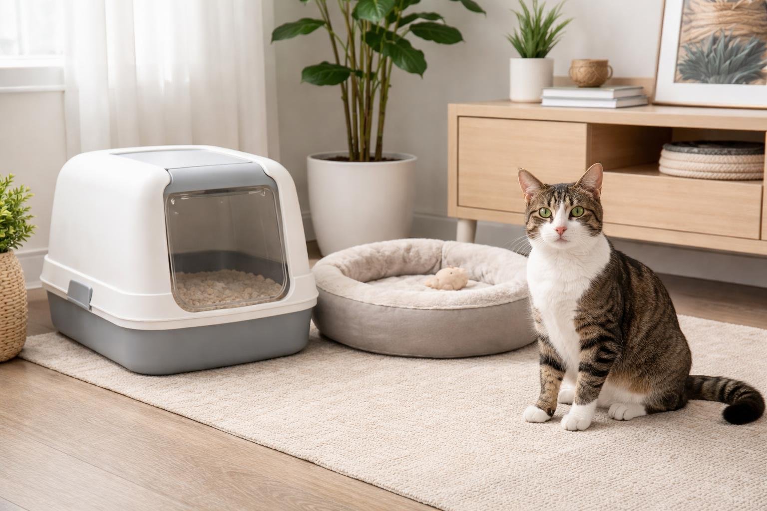 A content cat sitting near a clean litter box in a bright, tidy living room corner.