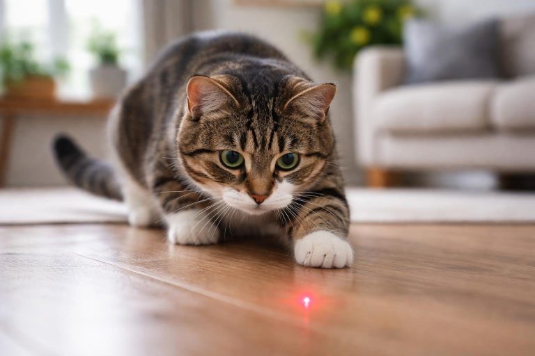 A domestic cat intently watching a red laser dot on the floor in a cozy living room.