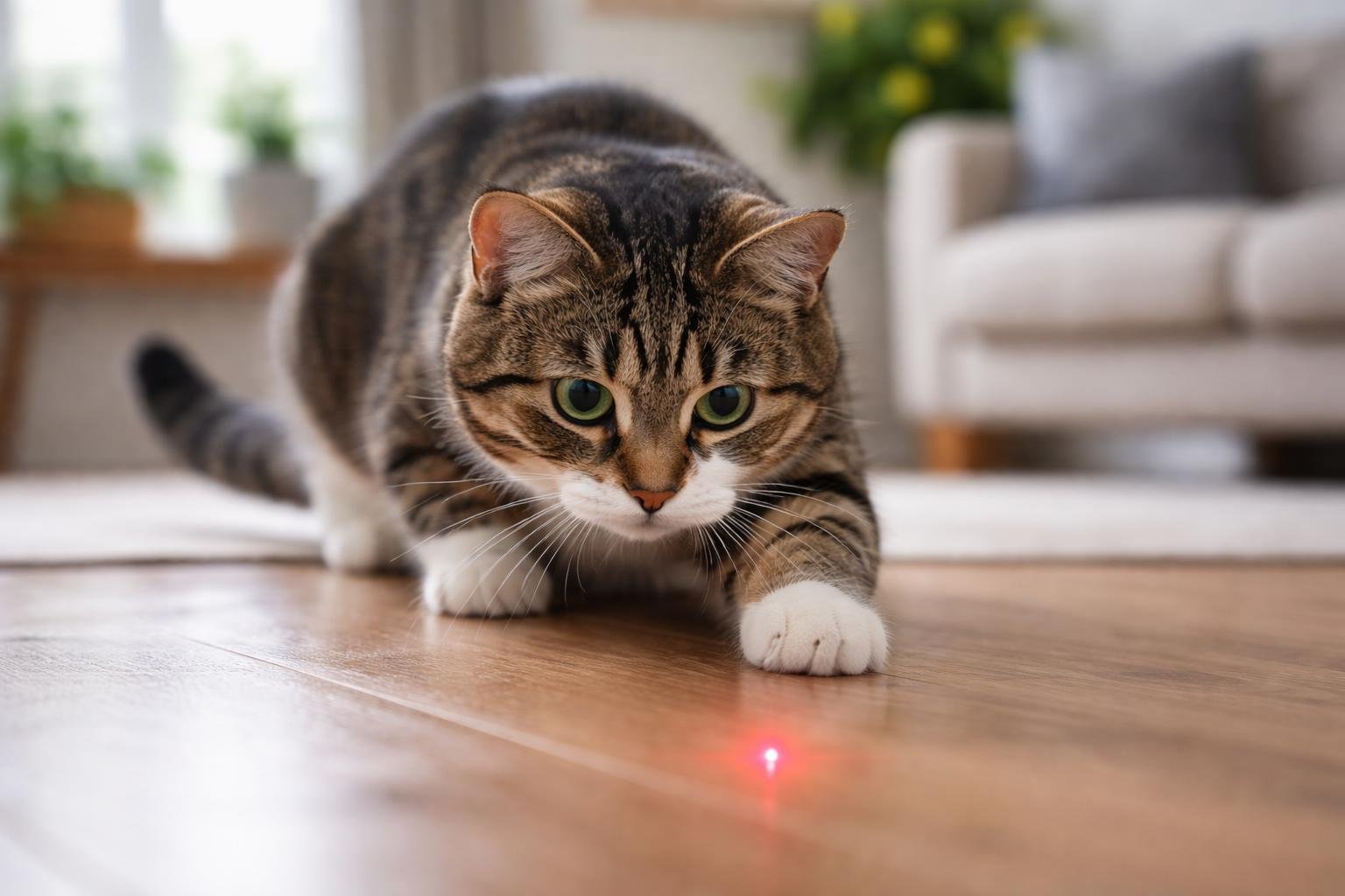 A domestic cat intently watching a red laser dot on the floor in a cozy living room.