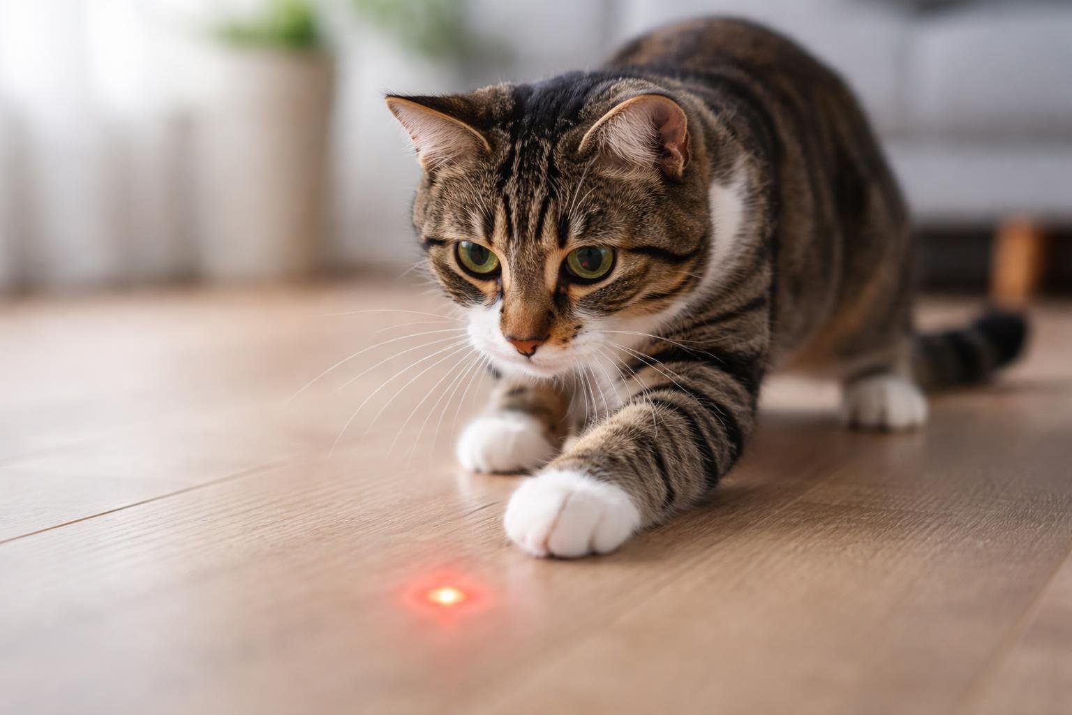 A domestic cat playfully reaching out with its paw towards a red laser pointer dot on the floor.