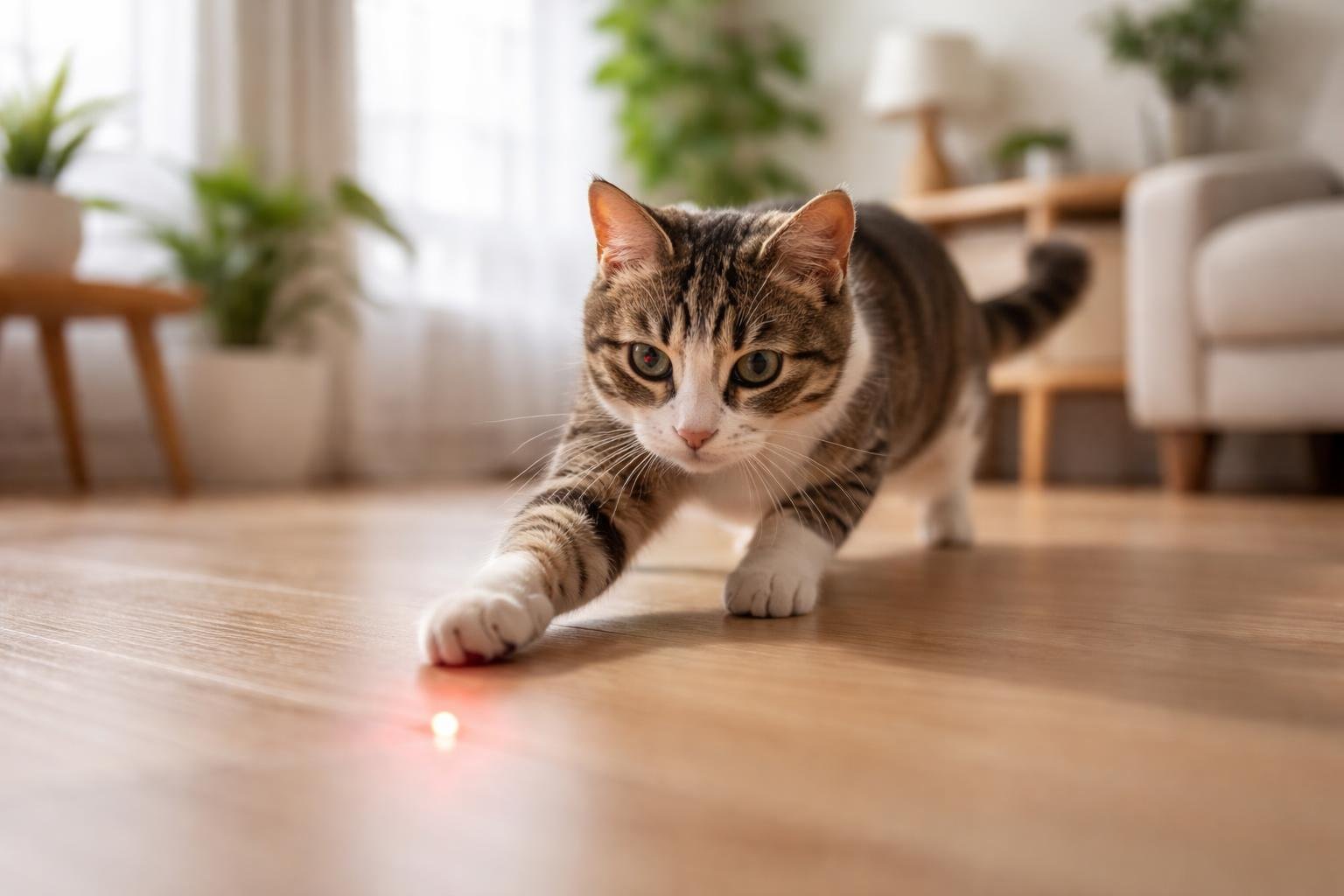 A domestic cat chasing a red laser pointer dot on the floor in a bright living room.