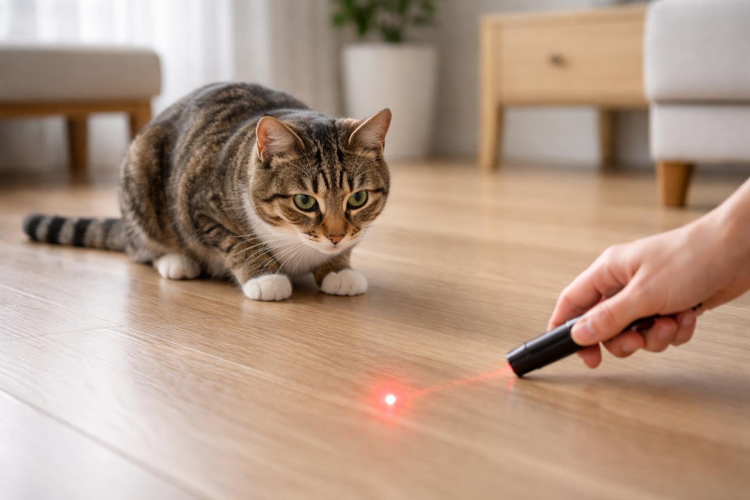 A cat looking at a red laser pointer dot on the floor while a person holds the laser pointer in a living room.