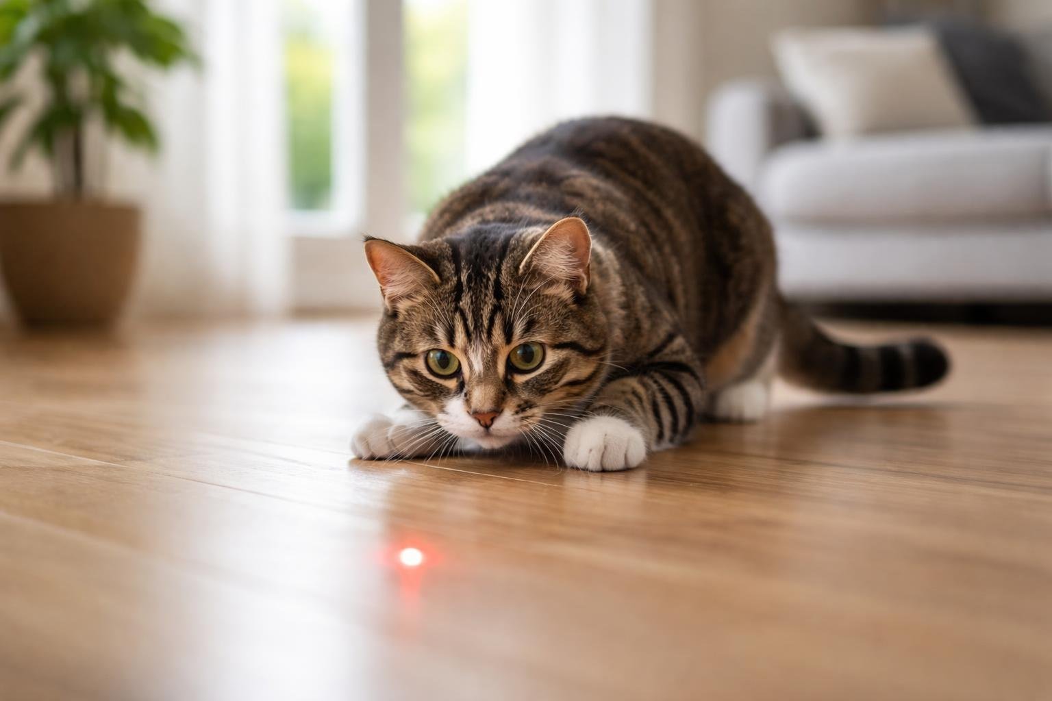 A domestic cat crouched on a wooden floor, intently watching a red laser dot in a bright living room.