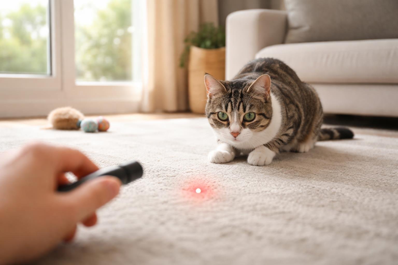 A domestic cat focused on a red laser dot on the floor, with a person’s hand holding a laser pointer nearby in a cozy indoor setting.