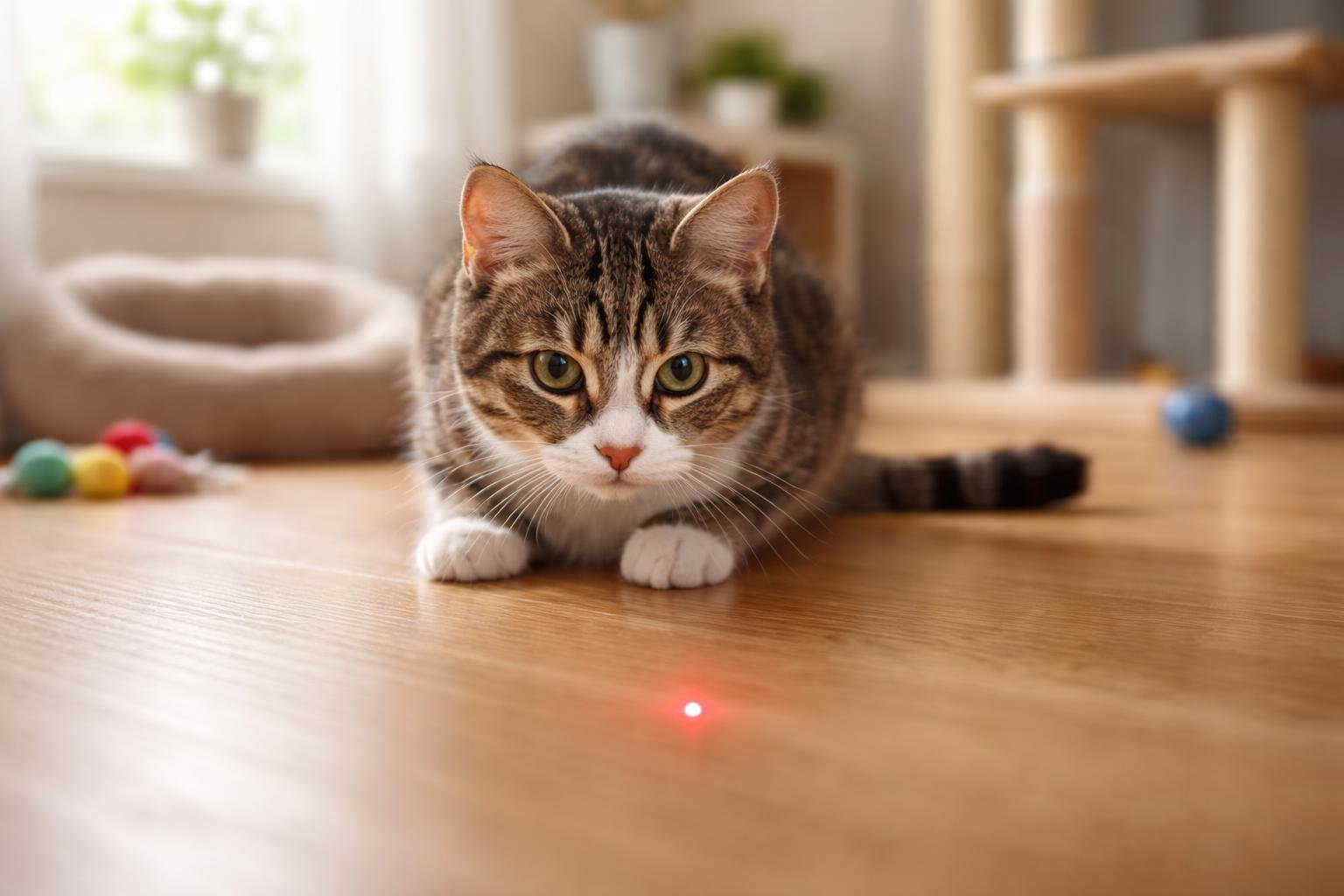 A domestic cat watching a red laser dot on the floor in a cozy living room with cat toys and a scratching post in the background.
