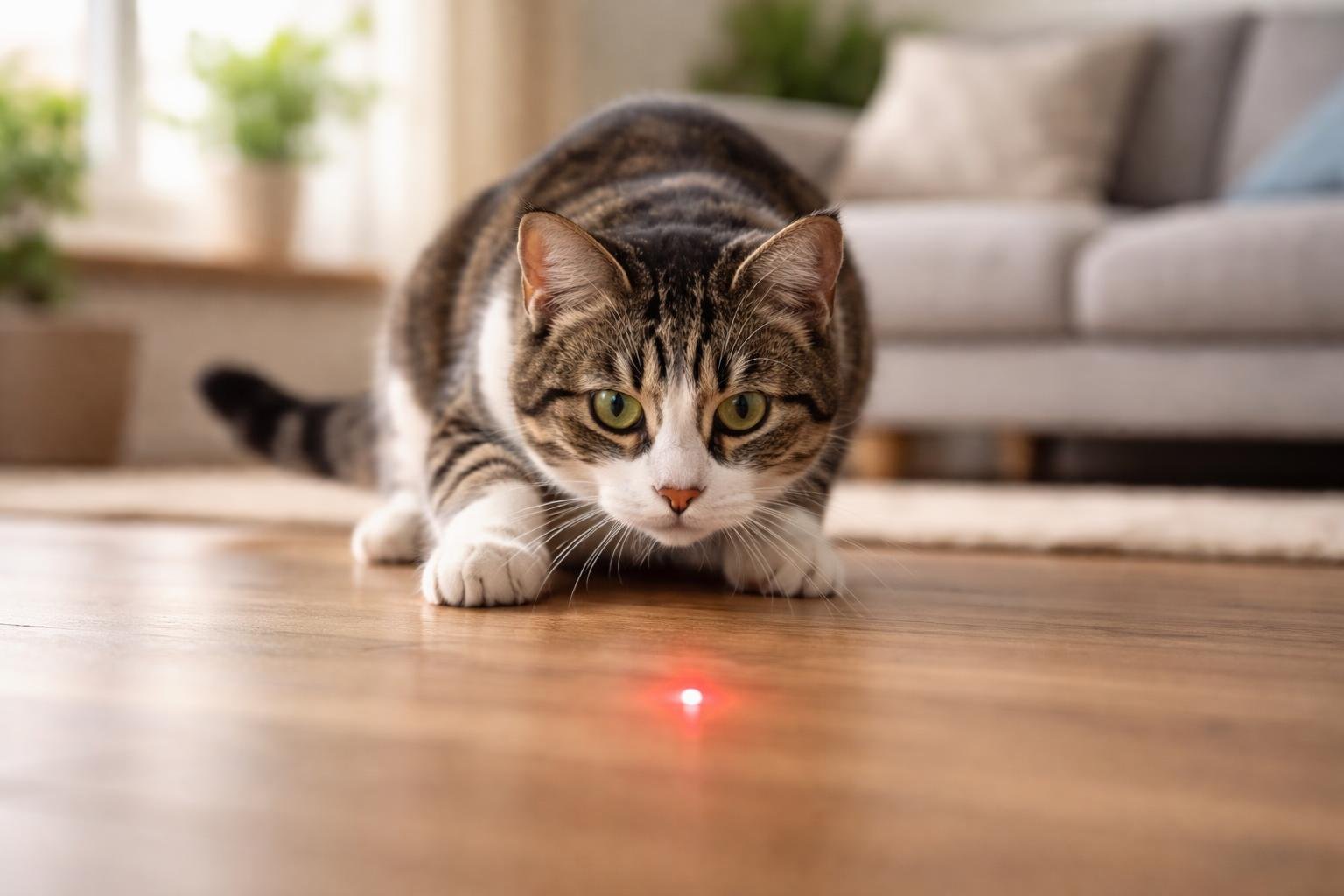 A domestic cat focused on a red laser dot on the floor in a cozy living room.