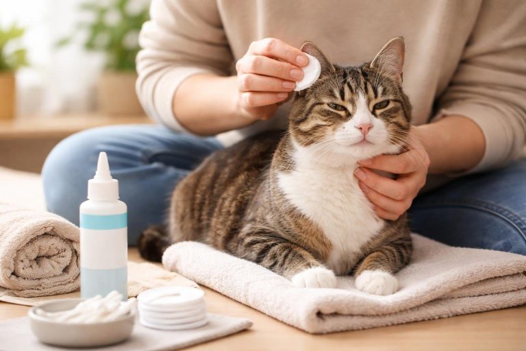 A person gently cleaning a calm cat's ear at home with pet care supplies nearby.