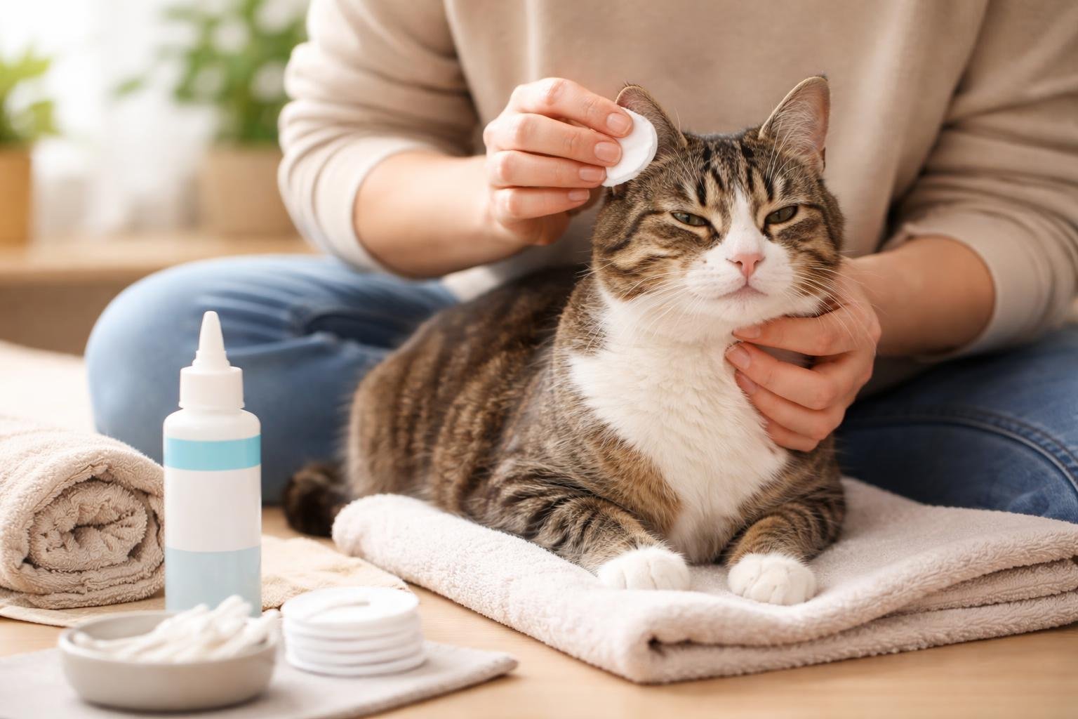 A person gently cleaning a calm cat's ear at home with pet care supplies nearby.