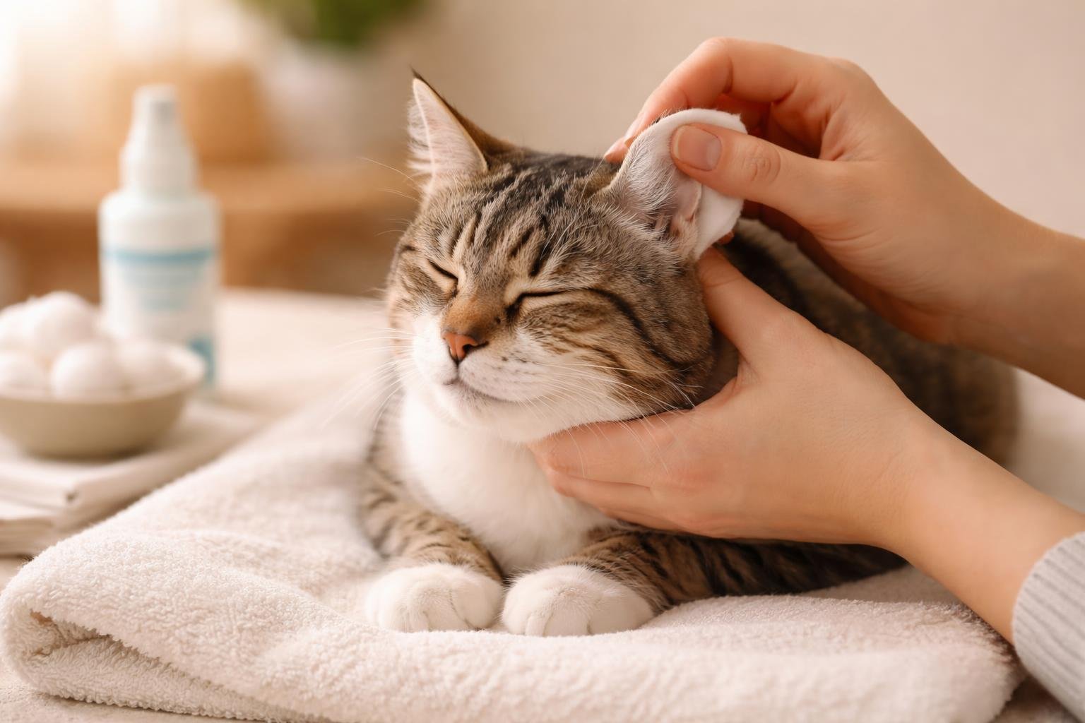 A person gently cleaning a calm cat's ear with cotton swab, with ear cleaning supplies nearby.