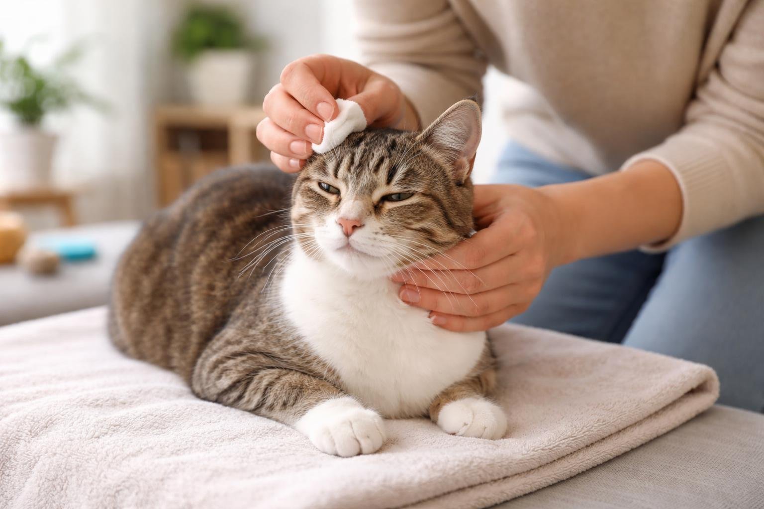 A person gently cleaning a calm cat's ear in a bright home setting.