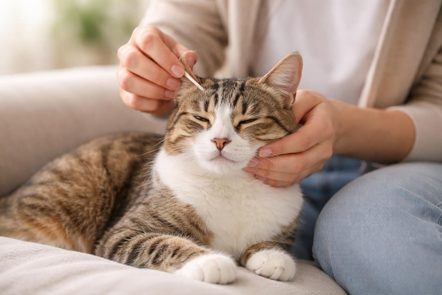 A person gently cleaning a calm cat's ear indoors, with the cat sitting comfortably.