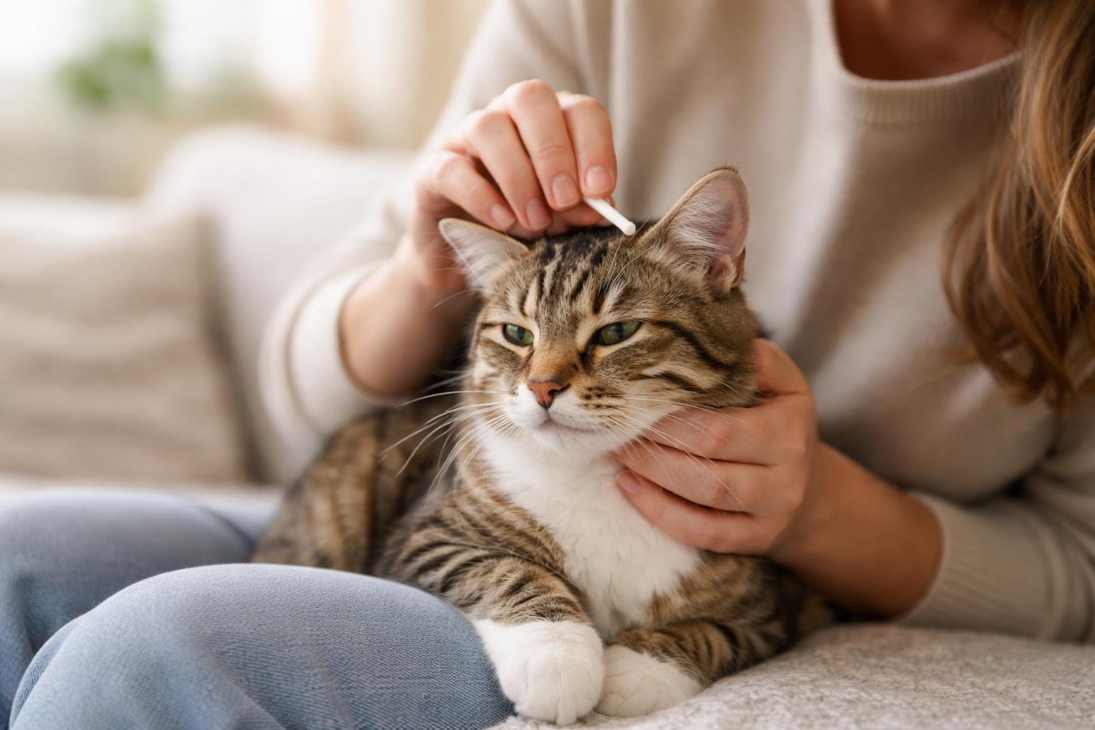 A person gently cleaning a calm cat's ears in a bright home setting.