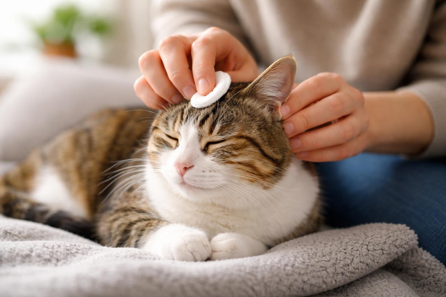 A person gently cleaning a calm cat's ear while the cat sits comfortably indoors.