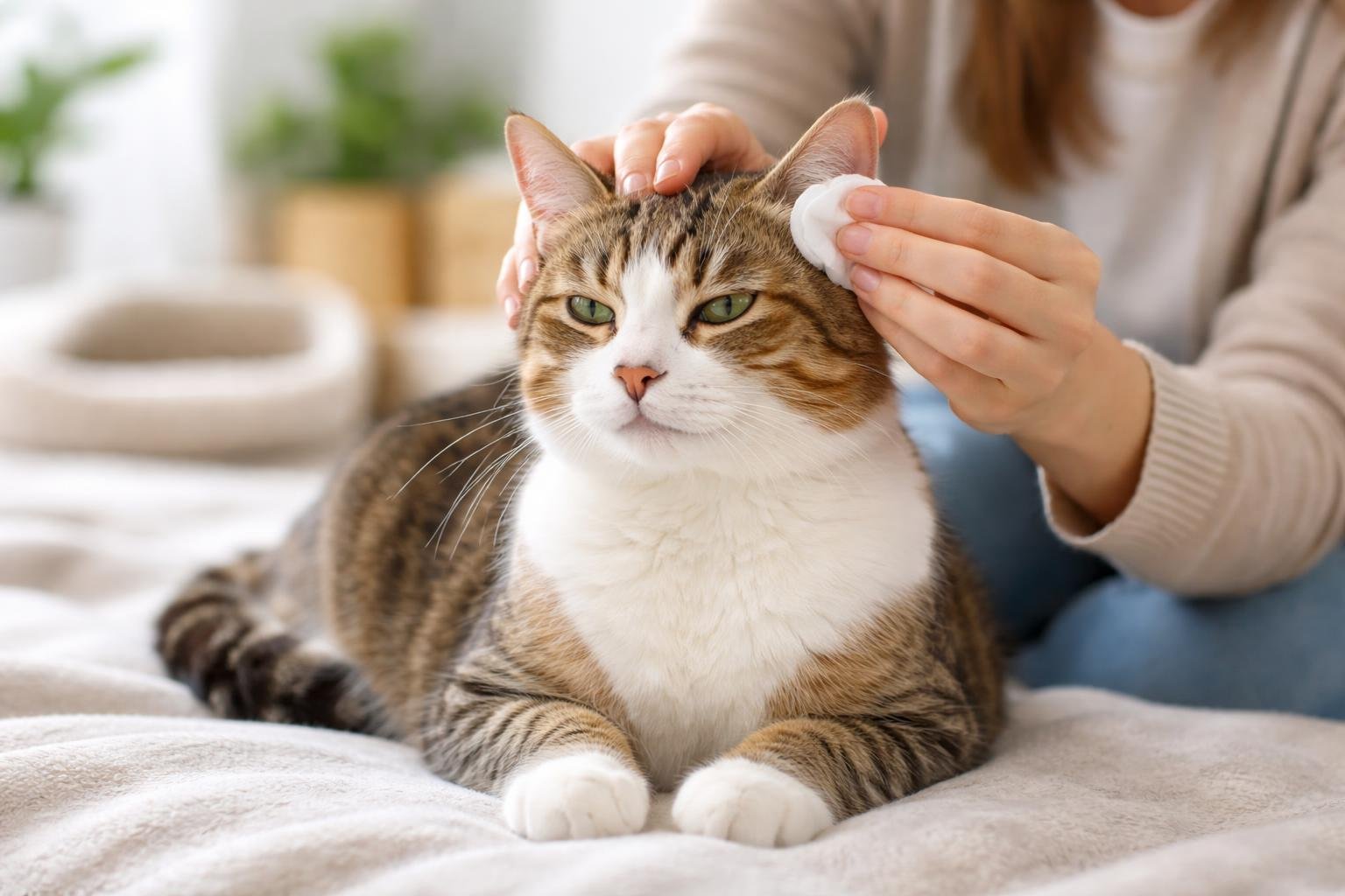 A person gently cleaning a calm cat's ears in a bright, cozy home setting.