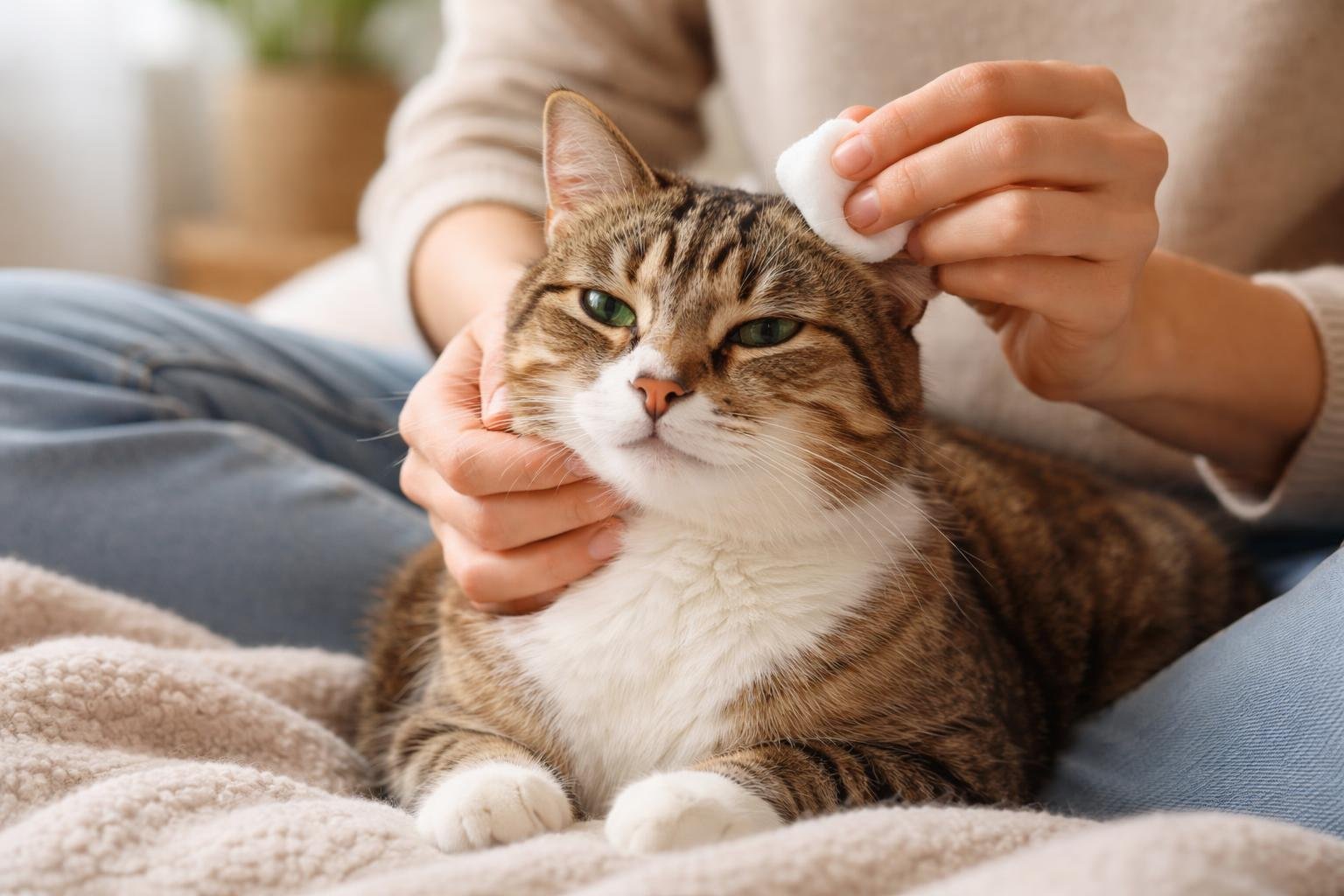 A person gently cleaning a calm cat's ear indoors, showing a caring interaction between pet and owner.