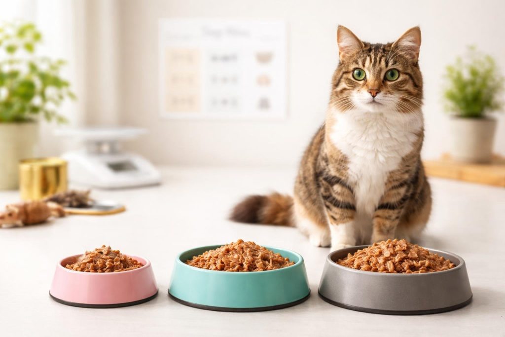 A cat sitting next to several bowls of wet cat food arranged to represent different feeding portions based on age, weight, and lifestyle.