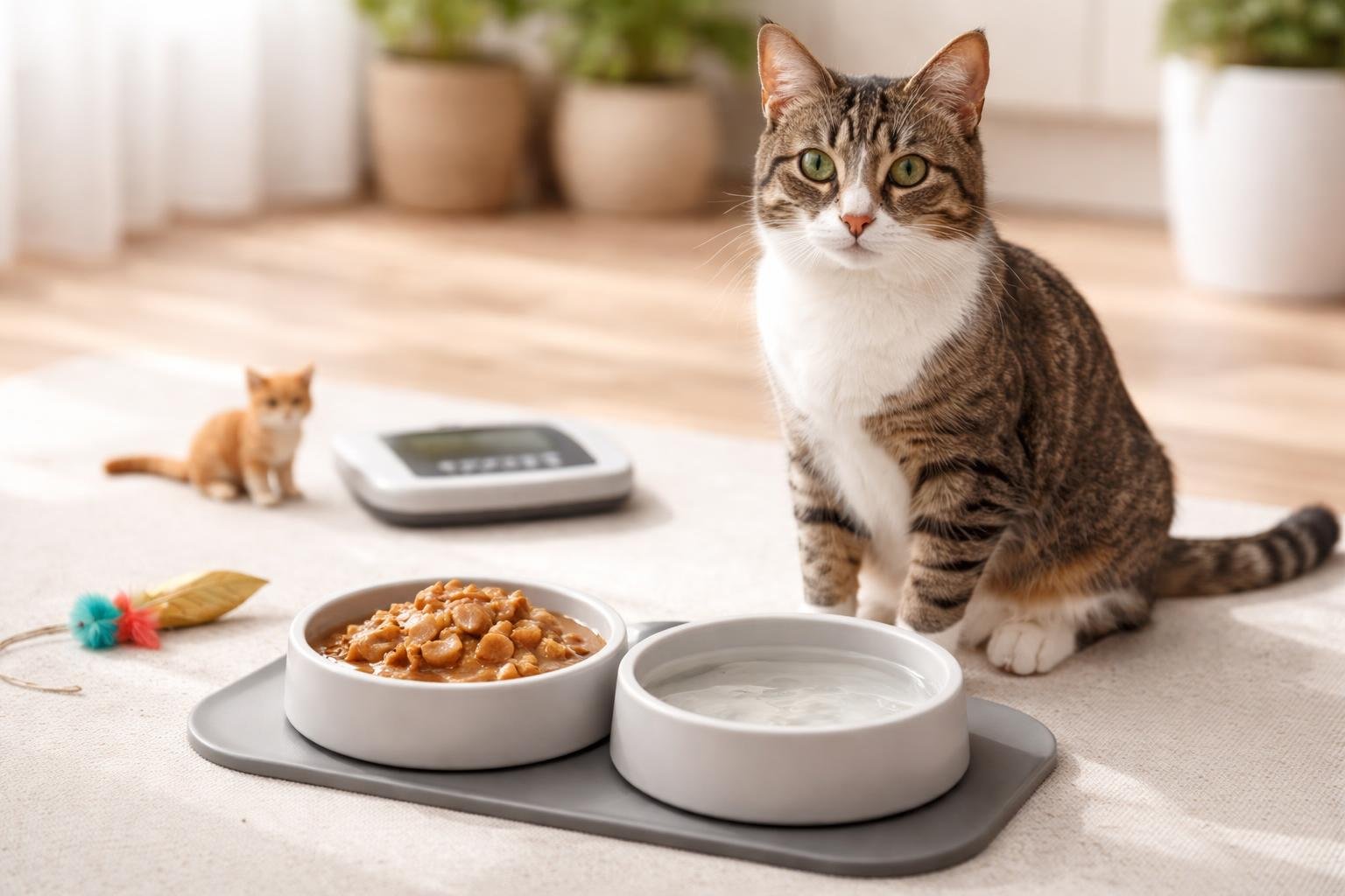 A cat sitting next to bowls of wet cat food and water in a home feeding area with items representing different cat ages and activity levels nearby.