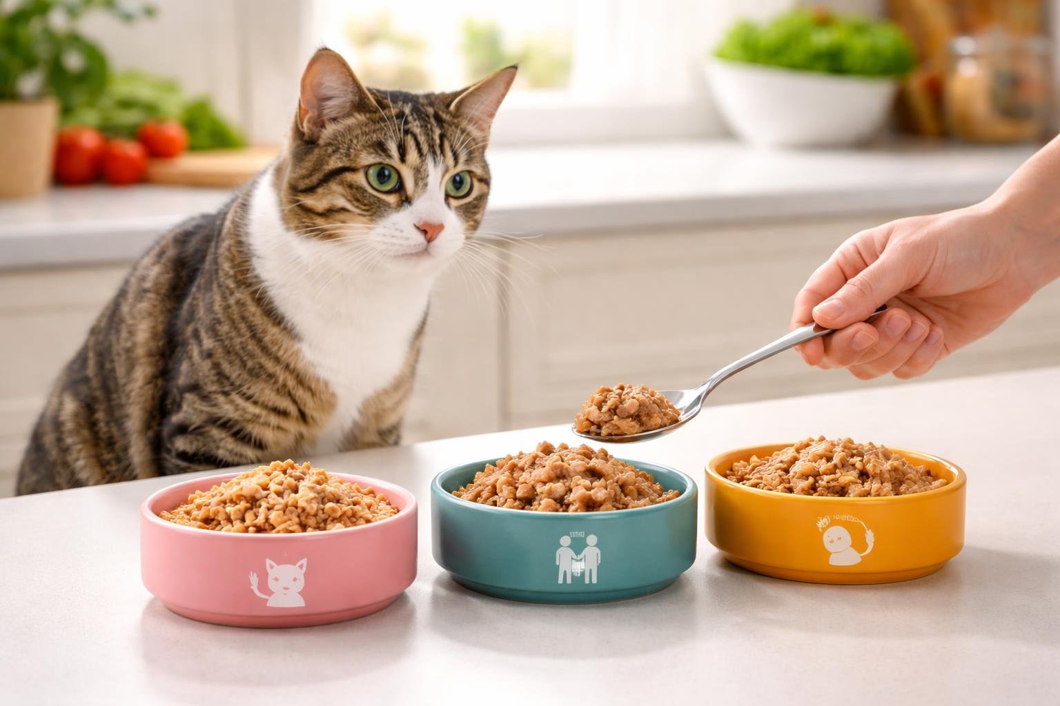 A cat sitting near several bowls of wet cat food on a kitchen counter with a person feeding it.