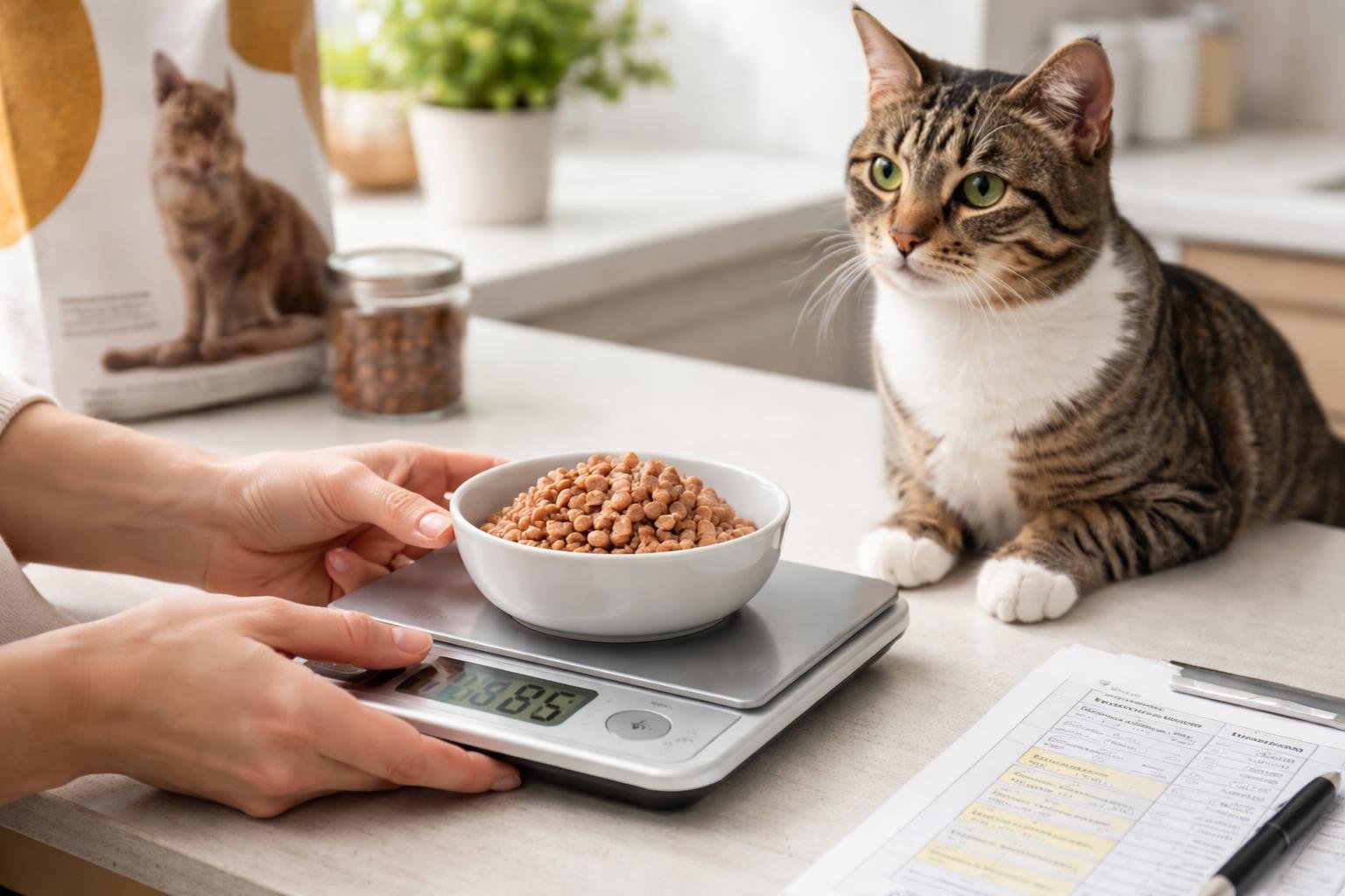 A person measuring wet cat food on a digital scale with a cat sitting nearby watching.