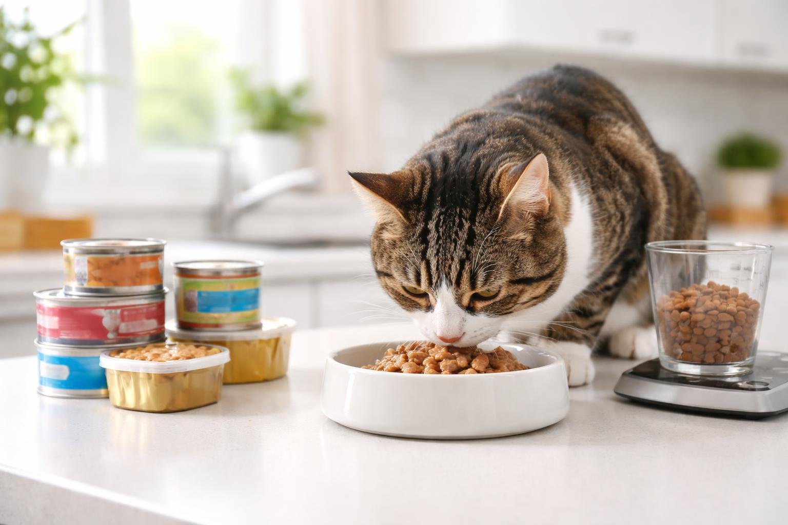 A domestic cat eating wet food from a bowl on a kitchen countertop with wet food containers and a measuring cup nearby.