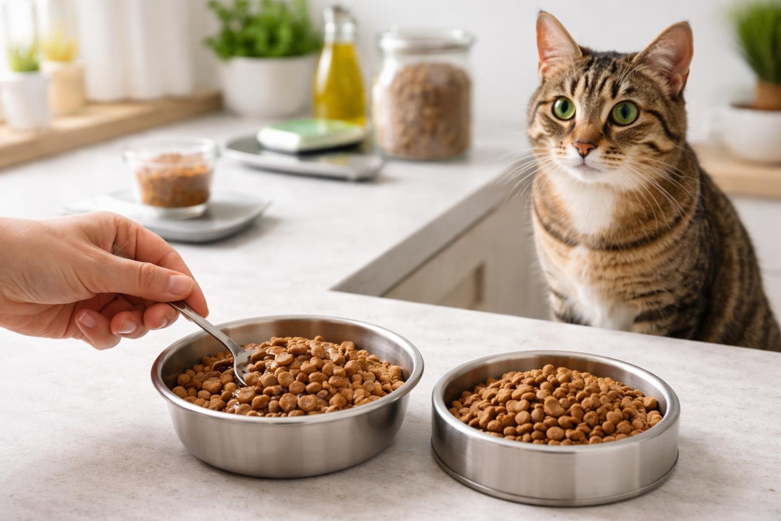 A person mixing wet and dry cat food in a bowl on a kitchen counter while a cat watches nearby.