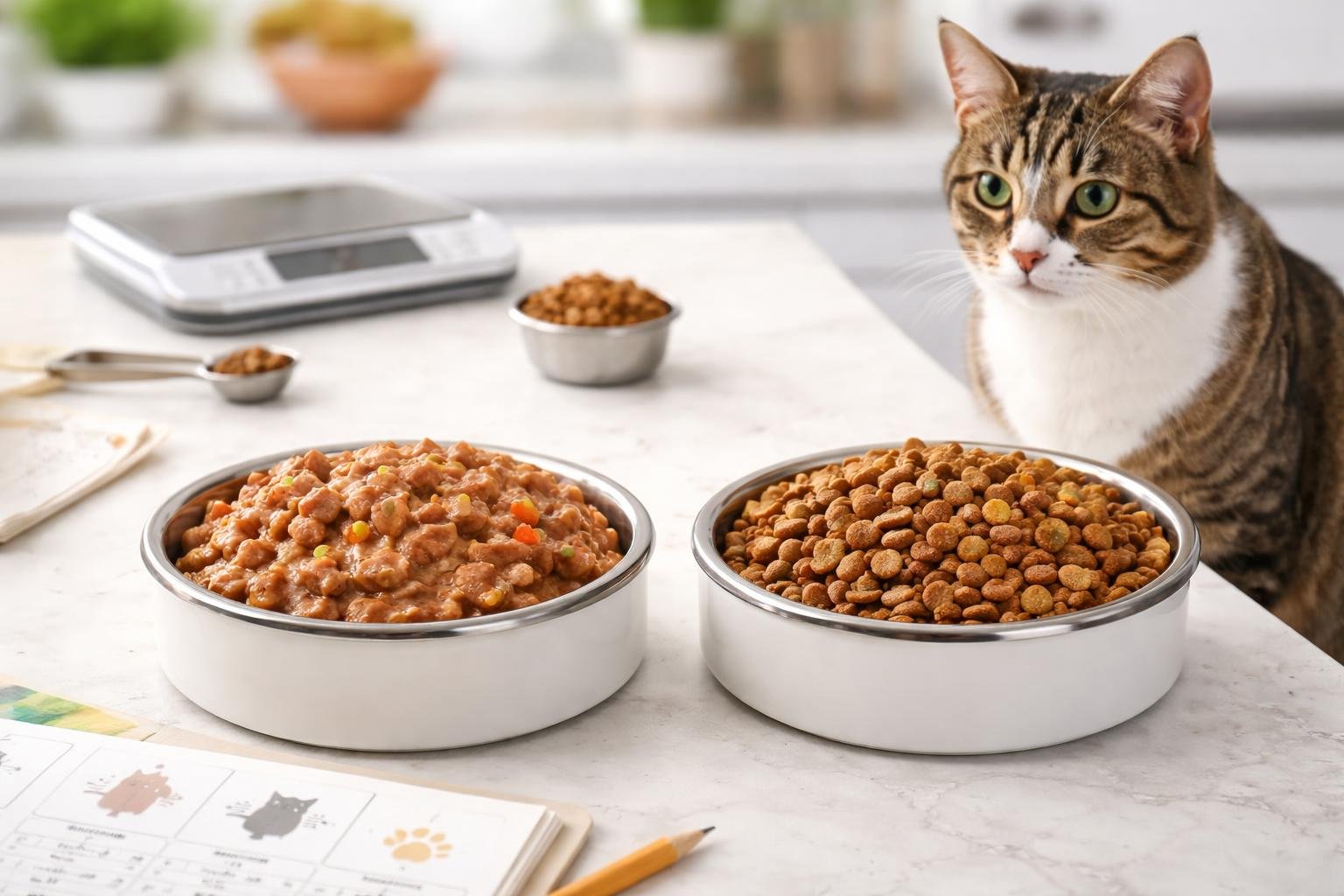 A cat looking at two bowls of wet and dry cat food on a kitchen countertop with measuring tools nearby.