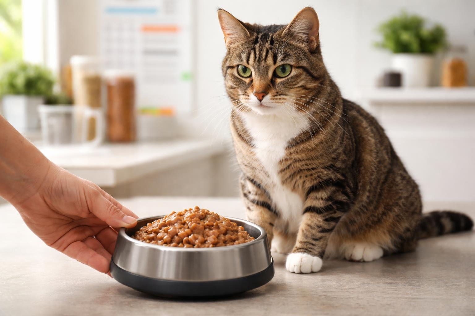 A domestic cat sitting near a bowl of wet cat food in a clean kitchen setting.