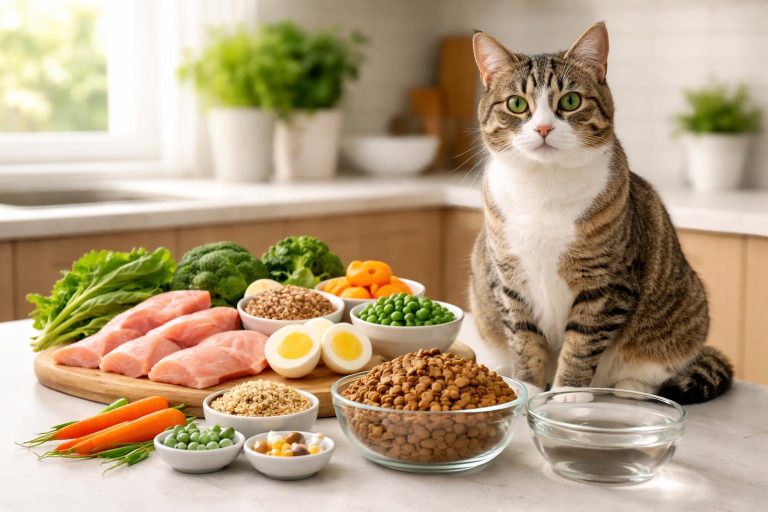 A domestic cat sitting next to a kitchen counter with fresh ingredients and bowls of cat food and water.