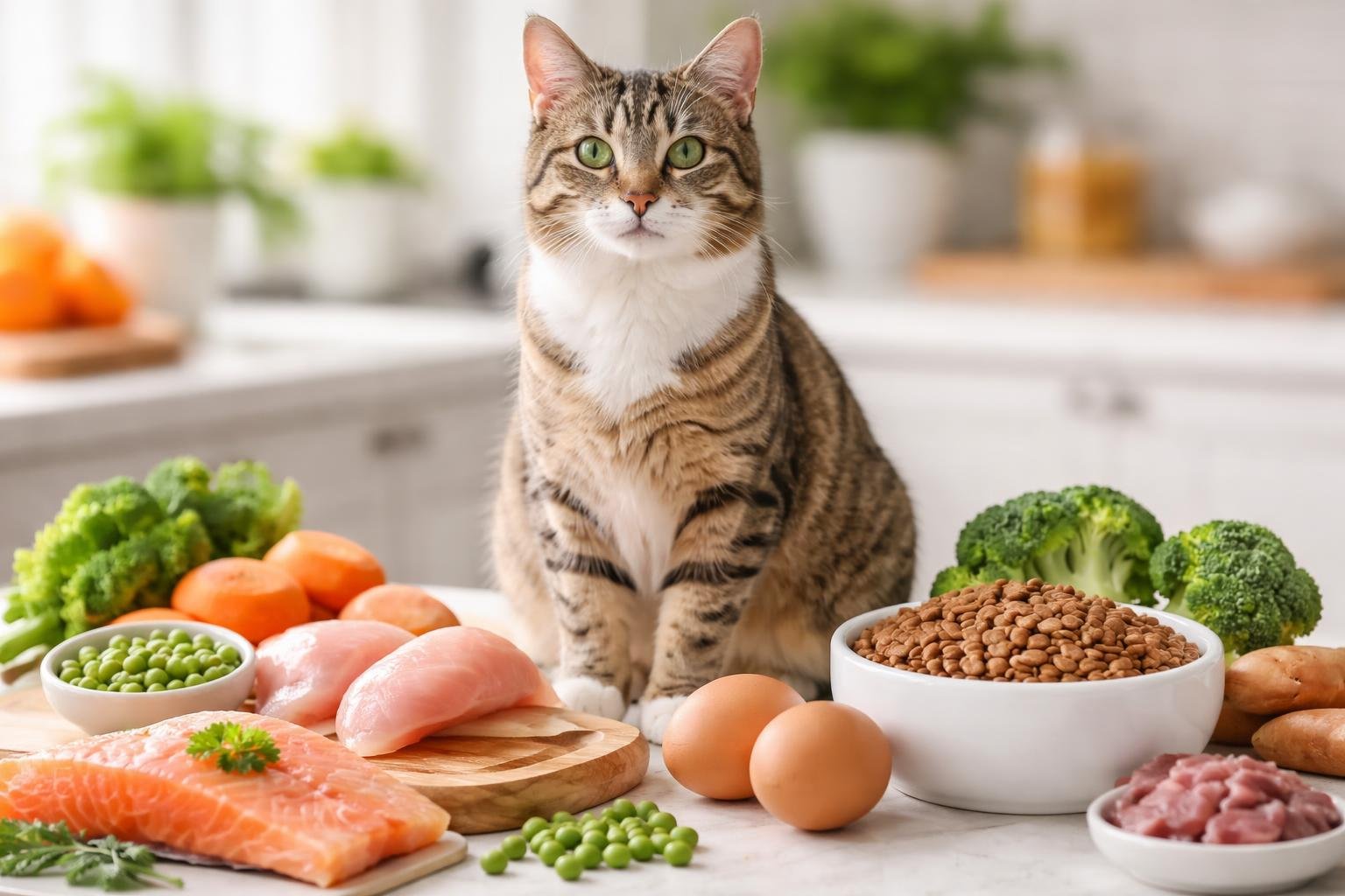 A healthy adult cat sitting calmly next to fresh ingredients like chicken, fish, eggs, vegetables, and a bowl of dry cat food on a kitchen counter.