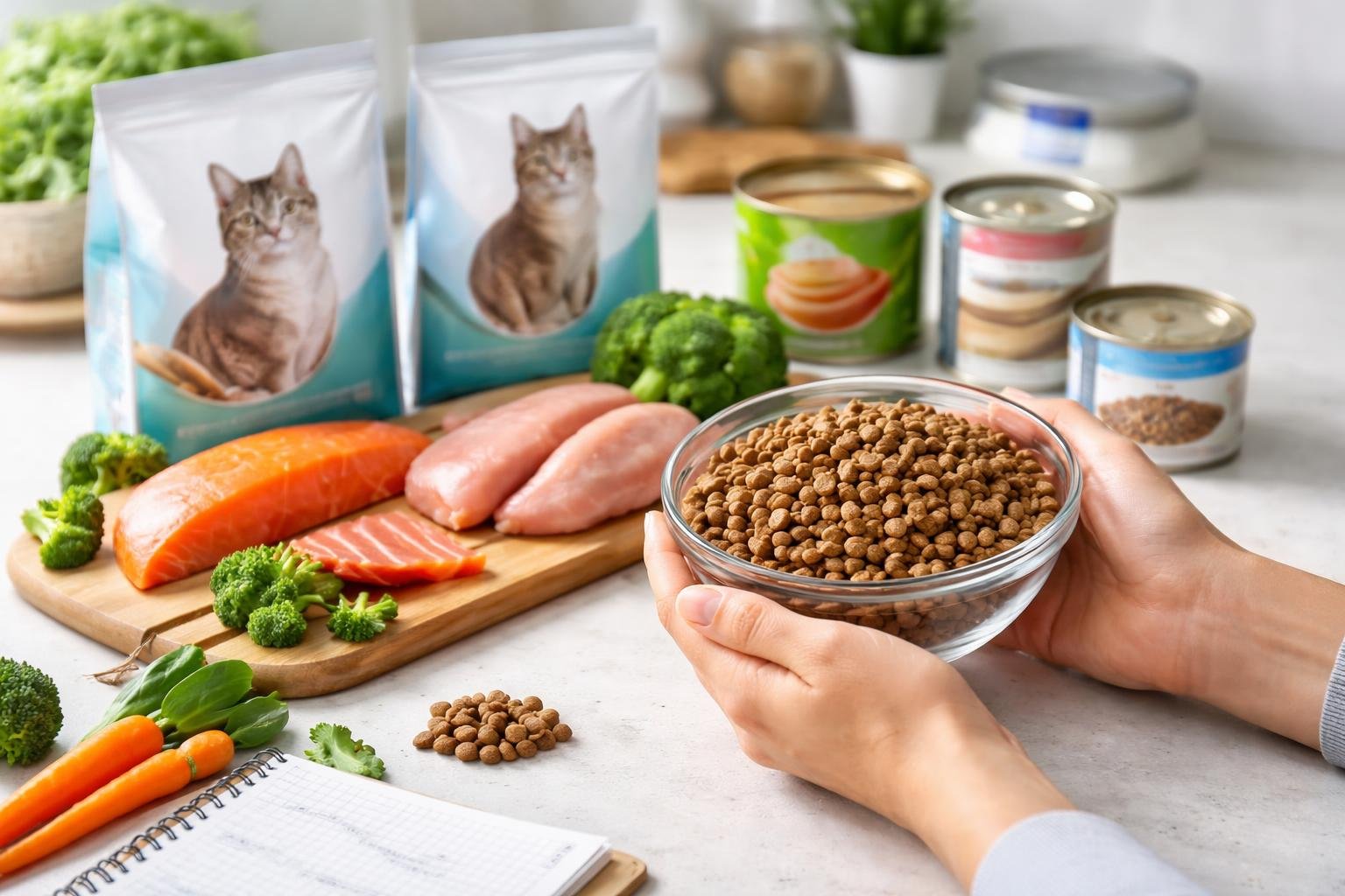 A person examining a bowl of dry cat food on a kitchen counter surrounded by cat food packages and fresh ingredients.